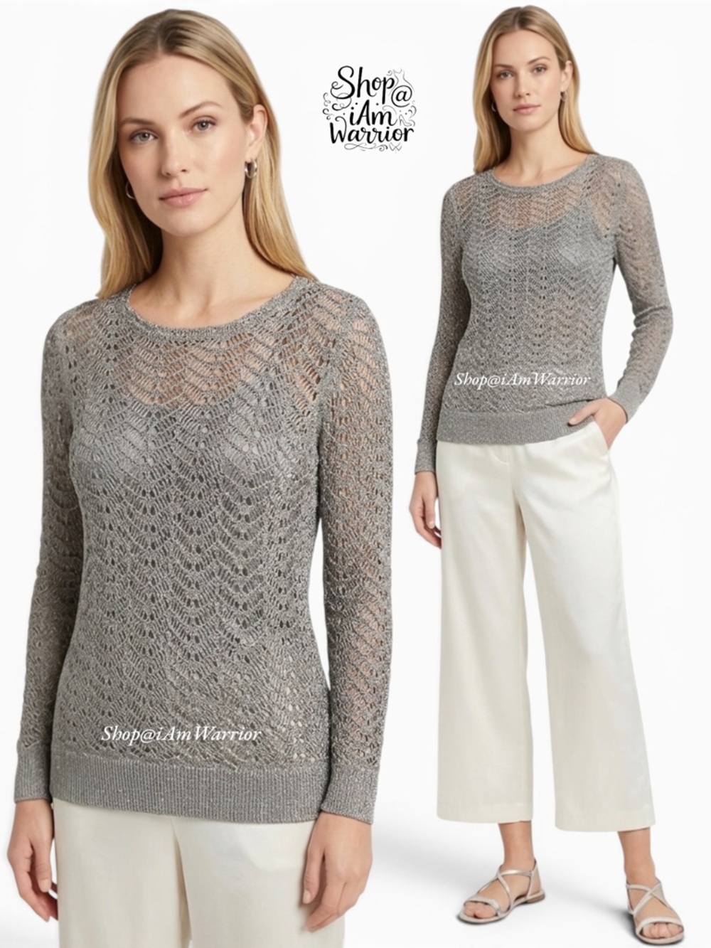Chico’s silver shimmer open crochet pull over sweater *shop@iamwarrior